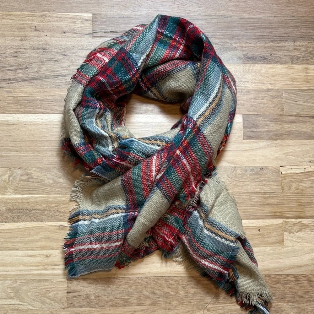 Plaid Red and Green Oversized Fringe Scarf Wrap or Shawl Women’s OS